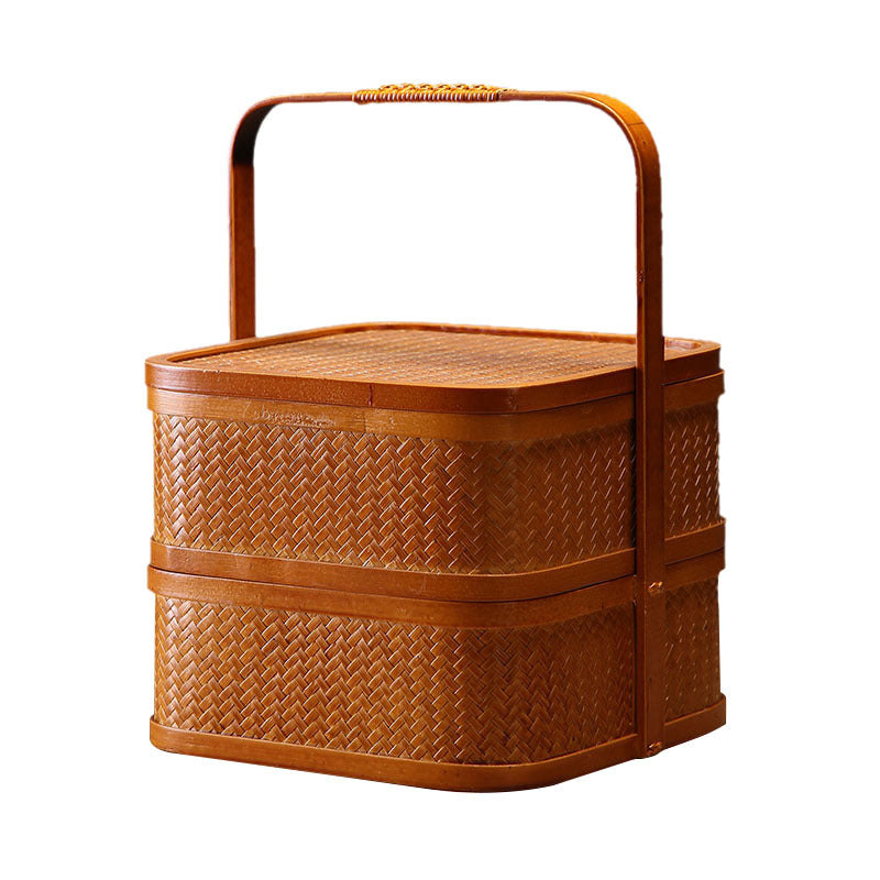 Handmade Bamboo Double-Layer Food Box – Retro Dim Sum & Tea Set Storage Basket with Lid