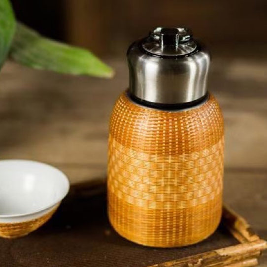 Bamboo Pavilion Handmade Bamboo Thermos Mug & Woven Teacup Set