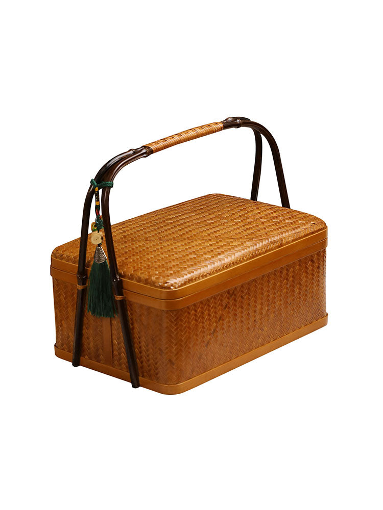 Handmade Bamboo Weaving Basket – Double Layer Food Box & Mooncake Gift Box, Tea Set Storage