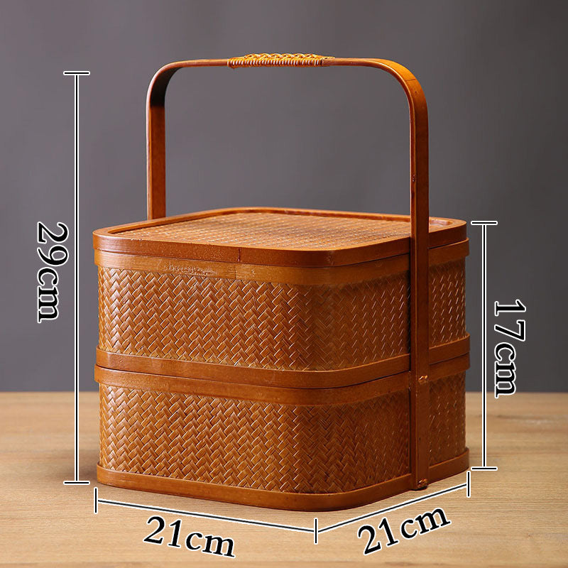 Handmade Bamboo Double-Layer Food Box – Retro Dim Sum & Tea Set Storage Basket with Lid