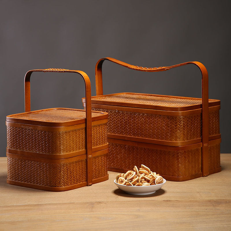 Handmade Bamboo Double-Layer Food Box – Retro Dim Sum & Tea Set Storage Basket with Lid