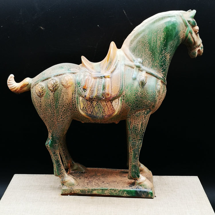 Tang Sancai green glaze war horse imitation museum unearthed porcelain, home fortune ornaments, old goods horse to successful ornaments