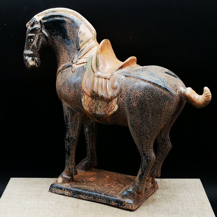 Tang Sancai black glazed war horse imitation unearthed cultural relics, antiques, antique home furnishings, fortune black horse decoration, immediately fortune ornaments