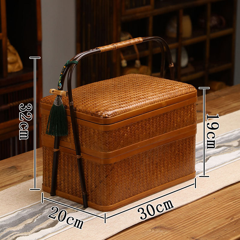 Handmade Bamboo Weaving Basket – Double Layer Food Box & Mooncake Gift Box, Tea Set Storage