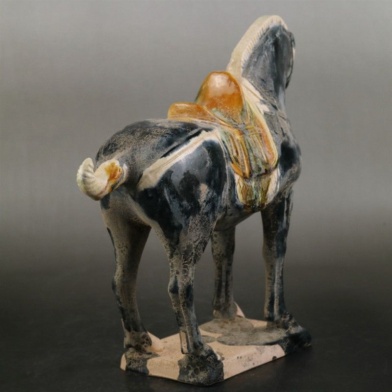 Tang Sancai carved black war horse ornaments, handmade horses to the success of home furnishings, Chinese imitation of ancient goods, porcelain and antique collection