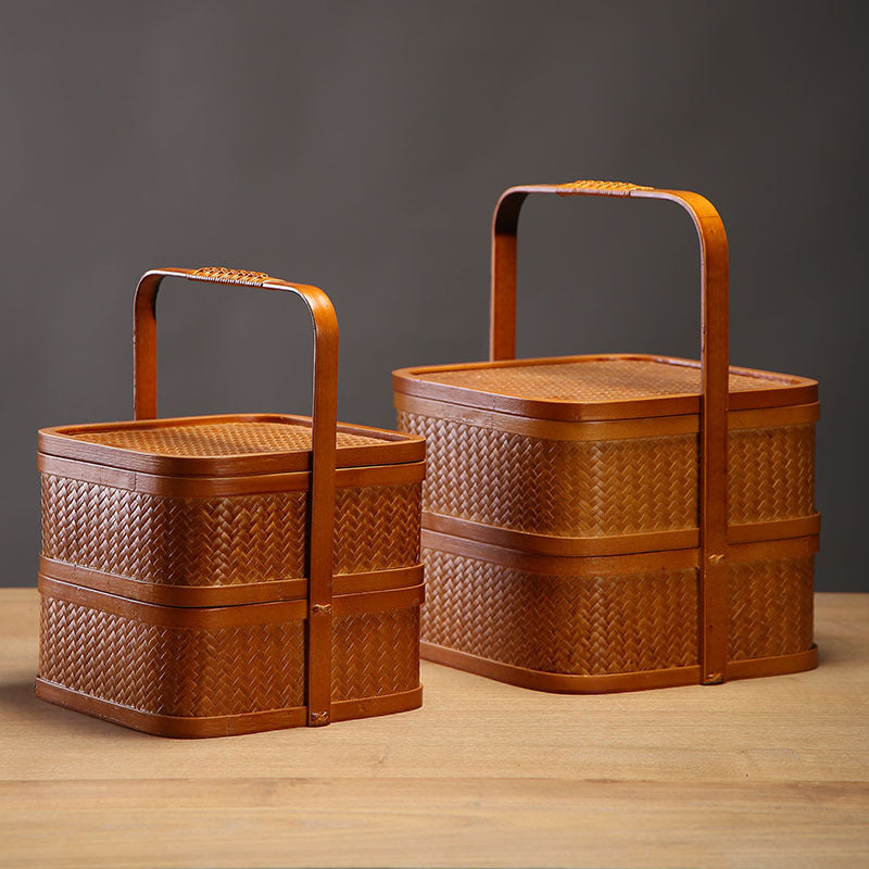 Handmade Bamboo Double-Layer Food Box – Retro Dim Sum & Tea Set Storage Basket with Lid