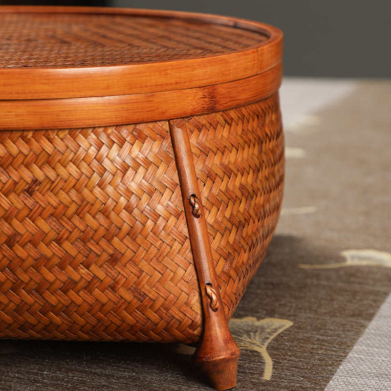 Handmade Bamboo Woven Lacquered Tea Set Storage Box – Chinese Storage Basket with Lid