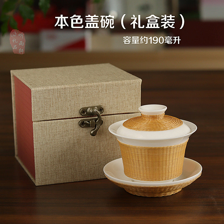 Intangible Cultural Heritage Porcelain Bamboo Tea Set – Handmade Sichuan Gifts, Sancai Gaiwan & Bamboo Silk Buckle Cups