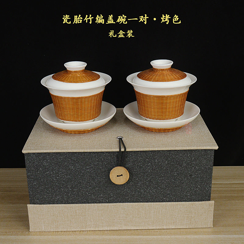 Intangible Cultural Heritage Porcelain Bamboo Tea Set – Handmade Sichuan Gifts, Sancai Gaiwan & Bamboo Silk Buckle Cups