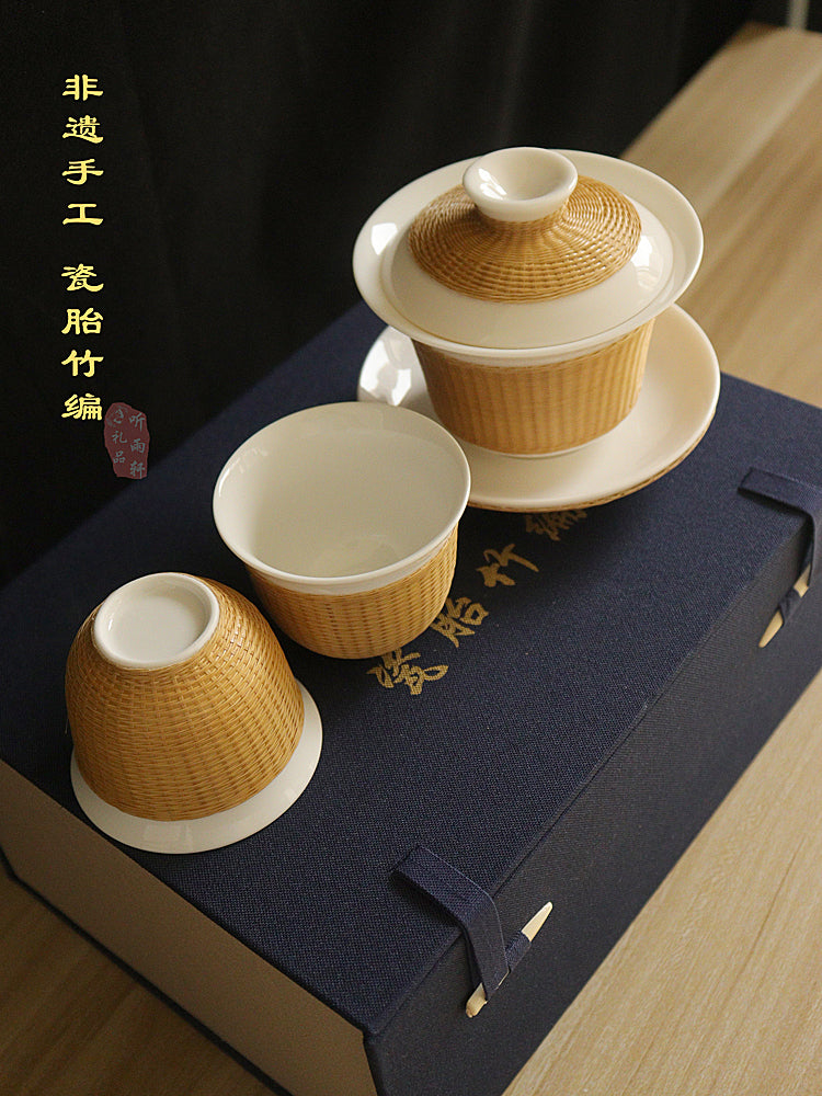 Intangible Cultural Heritage Porcelain Bamboo Tea Set – Handmade Sichuan Gifts, Sancai Gaiwan & Bamboo Silk Buckle Cups