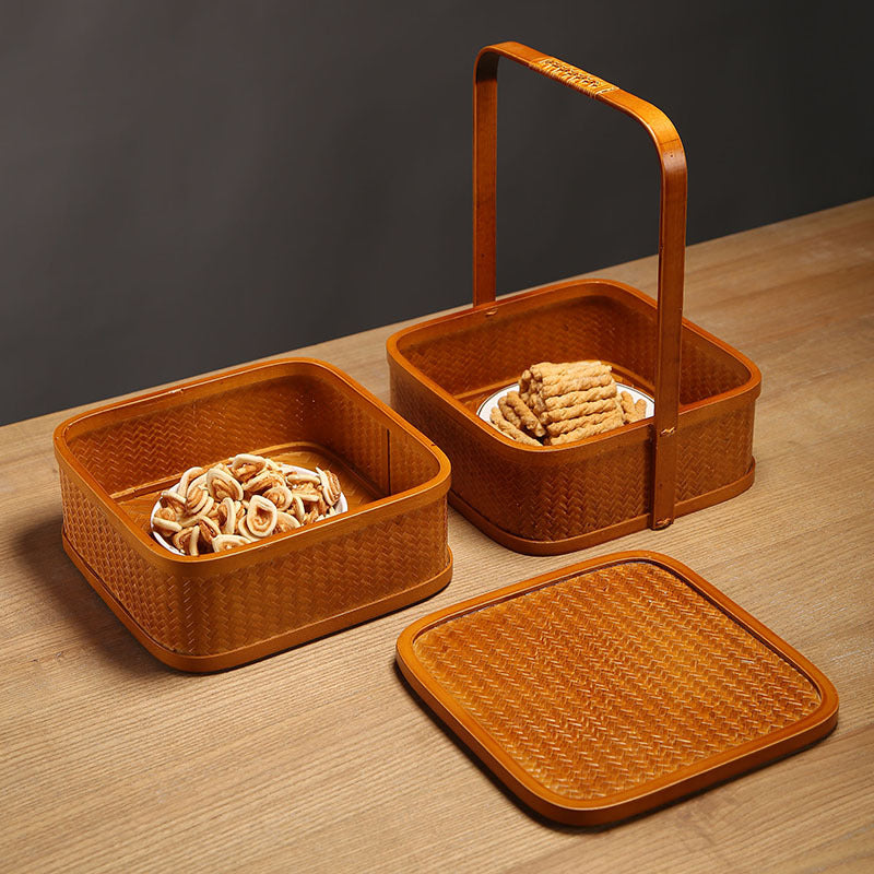 Handmade Bamboo Double-Layer Food Box – Retro Dim Sum & Tea Set Storage Basket with Lid