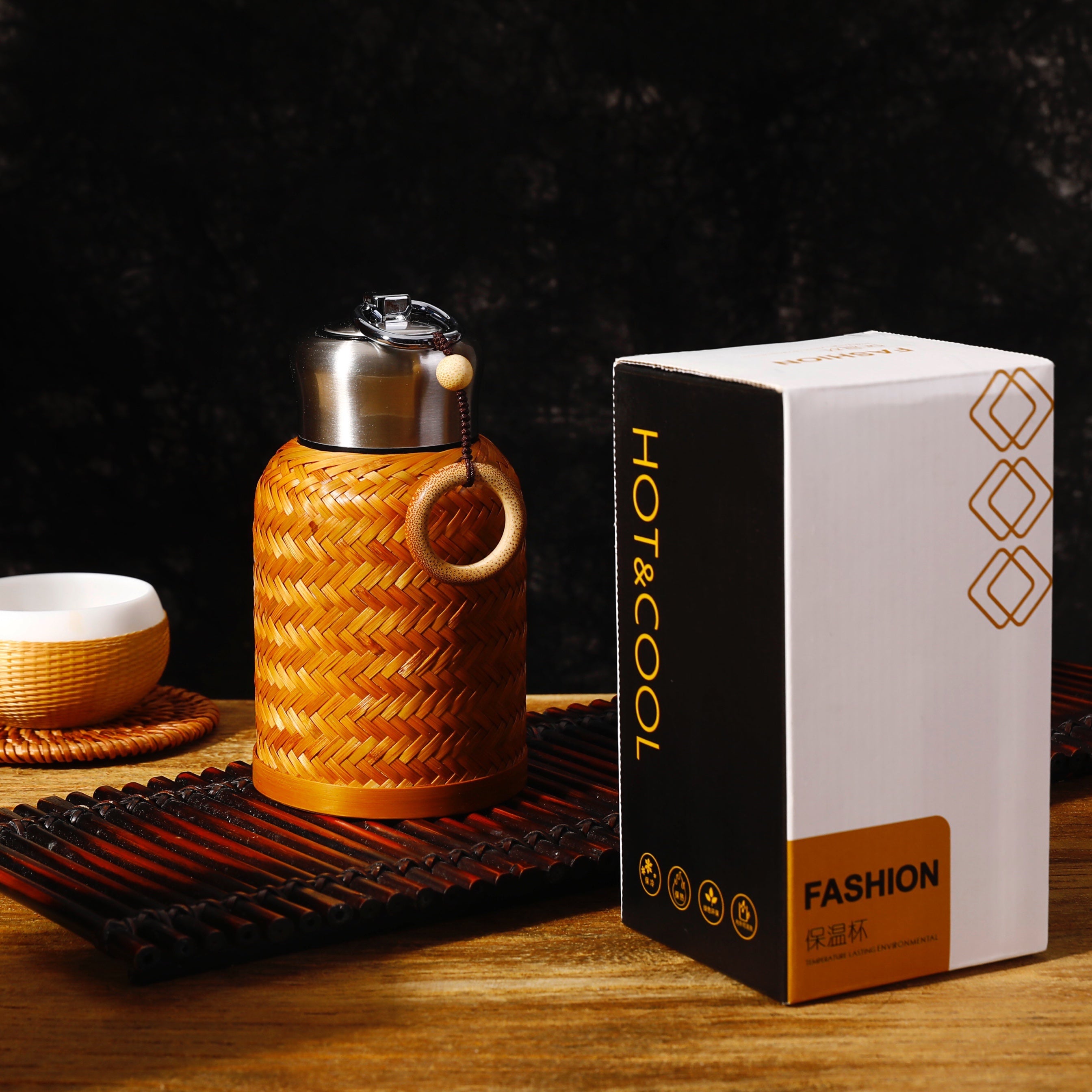 Bamboo Pavilion Handmade Bamboo Thermos Mug & Woven Teacup Set