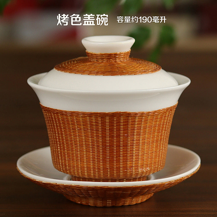 Intangible Cultural Heritage Porcelain Bamboo Tea Set – Handmade Sichuan Gifts, Sancai Gaiwan & Bamboo Silk Buckle Cups