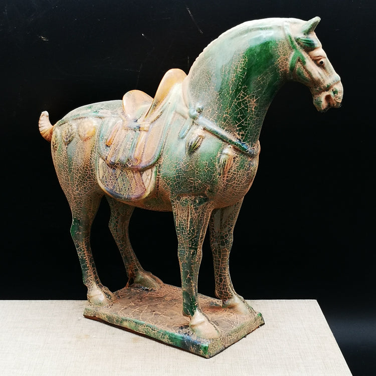 Tang Sancai green glaze war horse imitation museum unearthed porcelain, home fortune ornaments, old goods horse to successful ornaments