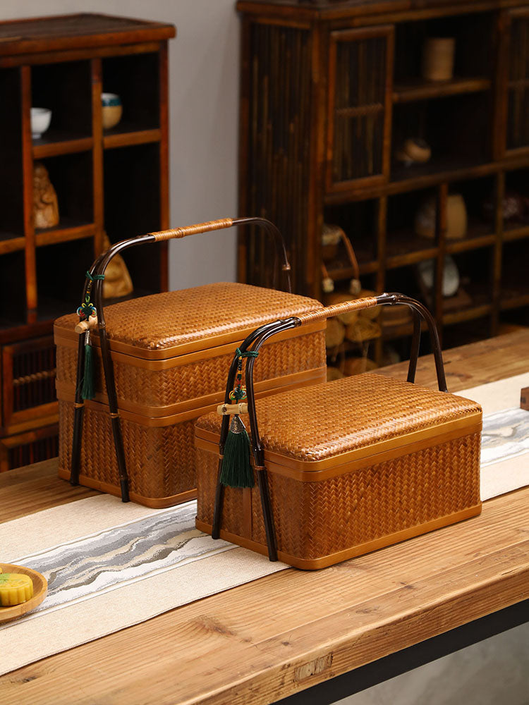 Handmade Bamboo Weaving Basket – Double Layer Food Box & Mooncake Gift Box, Tea Set Storage