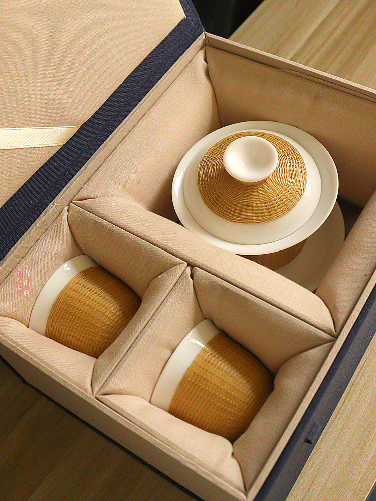 Intangible Cultural Heritage Porcelain Bamboo Tea Set – Handmade Sichuan Gifts, Sancai Gaiwan & Bamboo Silk Buckle Cups