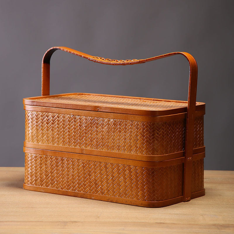 Handmade Bamboo Double-Layer Food Box – Retro Dim Sum & Tea Set Storage Basket with Lid