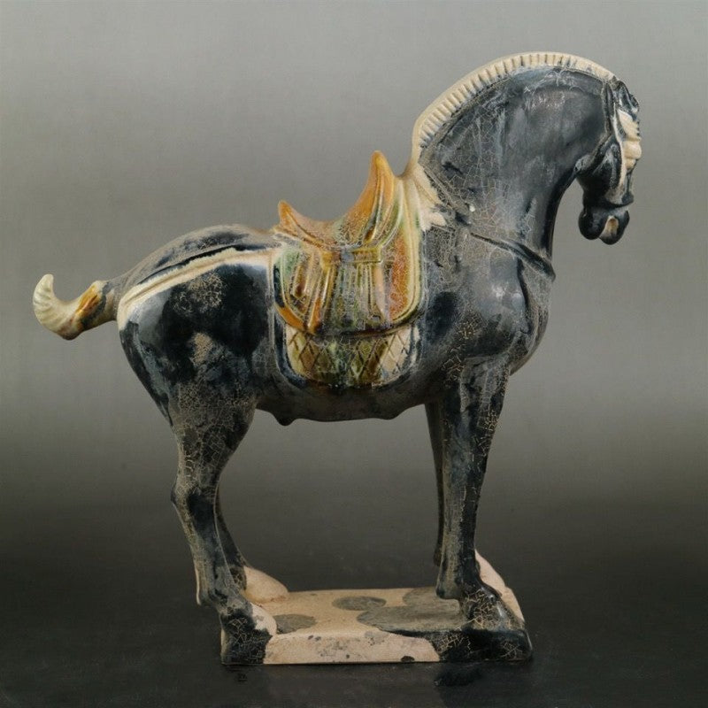 Tang Sancai carved black war horse ornaments, handmade horses to the success of home furnishings, Chinese imitation of ancient goods, porcelain and antique collection