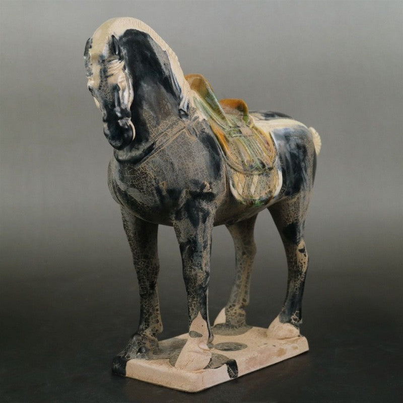 Tang Sancai carved black war horse ornaments, handmade horses to the success of home furnishings, Chinese imitation of ancient goods, porcelain and antique collection