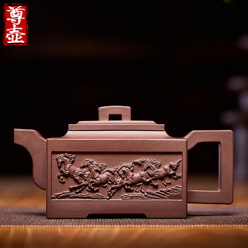 Zun pot, Yixing Longma spirit, purple sand pot, pure handmade raw mine, purple mud, square teapot, single pot, famous authentic tea set