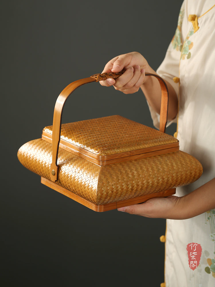 Chinese Handmade Bamboo Basket – Portable Food Box with Lid & Storage