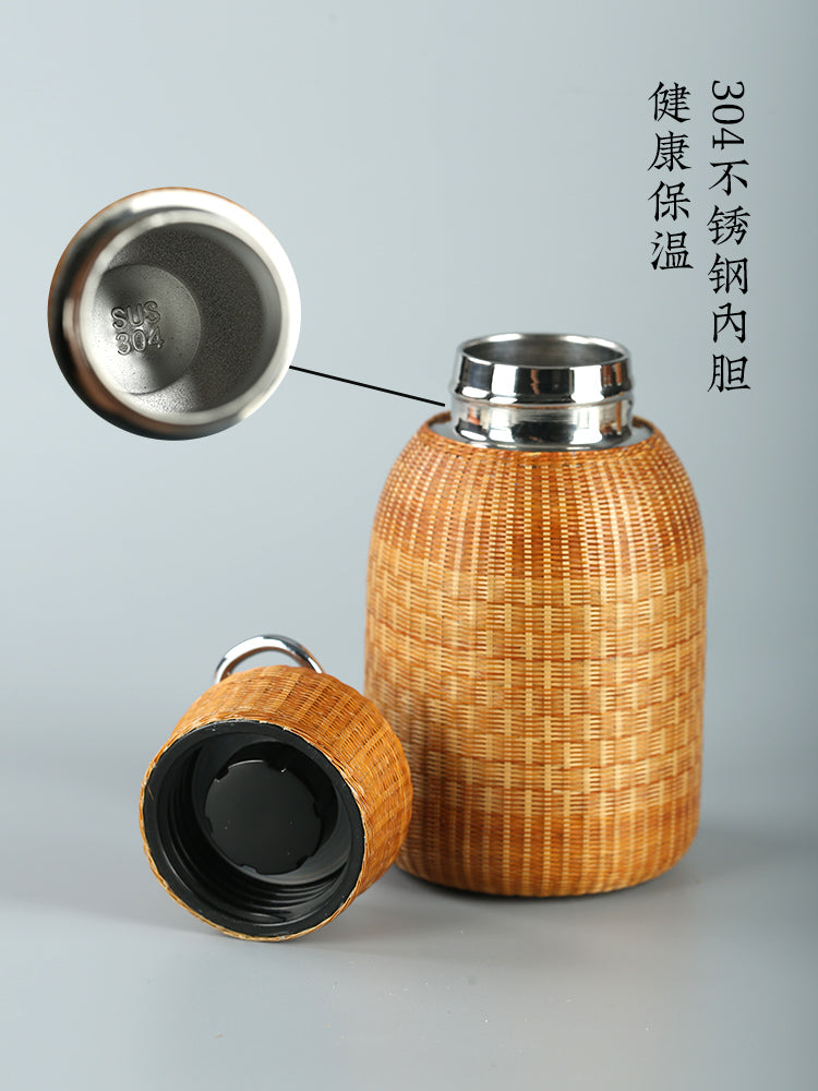 Handmade Bamboo Silk Woven Thermos Mug – Large-Capacity Bubble Tea Cup, Retro Stewed Teapot & Portable Hot Water Kettle