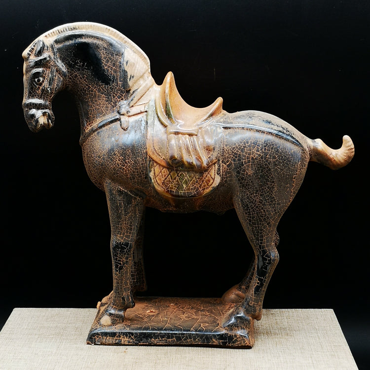 Tang Sancai black glazed war horse imitation unearthed cultural relics, antiques, antique home furnishings, fortune black horse decoration, immediately fortune ornaments