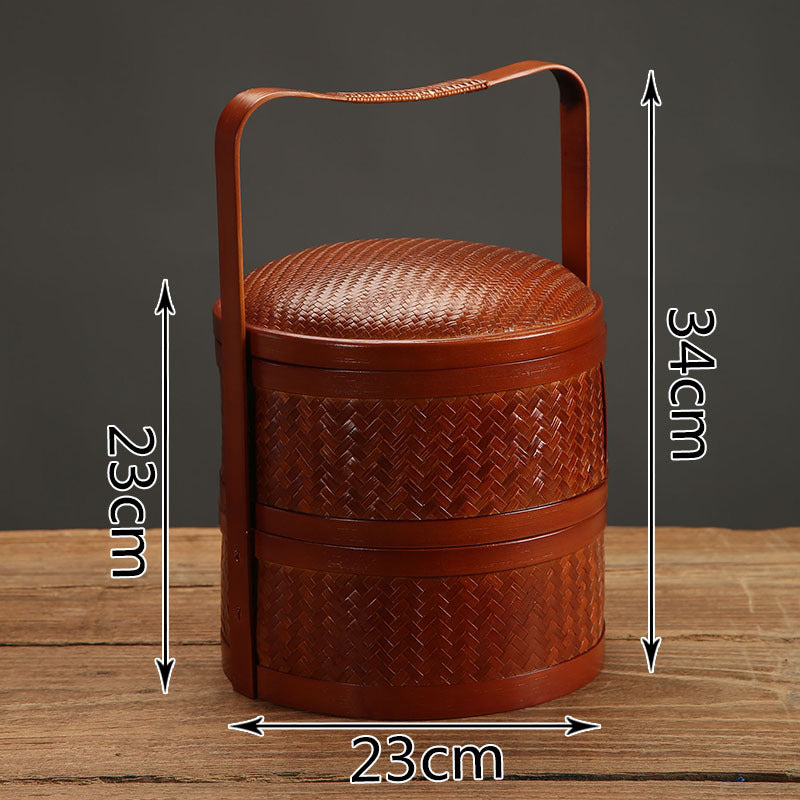 Handmade Bamboo Double-Layer Food Box – Retro Dim Sum & Tea Set Storage Basket with Lid