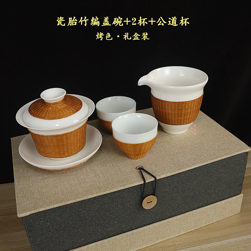 Intangible Cultural Heritage Porcelain Bamboo Tea Set – Handmade Sichuan Gifts, Sancai Gaiwan & Bamboo Silk Buckle Cups