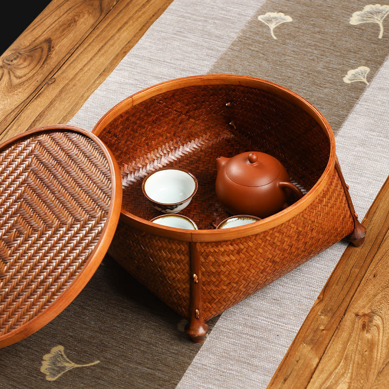 Handmade Bamboo Woven Lacquered Tea Set Storage Box – Chinese Storage Basket with Lid