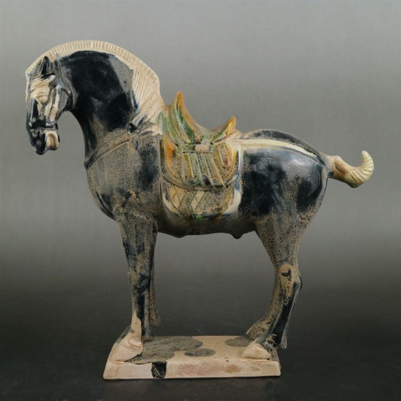 Tang Sancai carved black war horse ornaments, handmade horses to the success of home furnishings, Chinese imitation of ancient goods, porcelain and antique collection