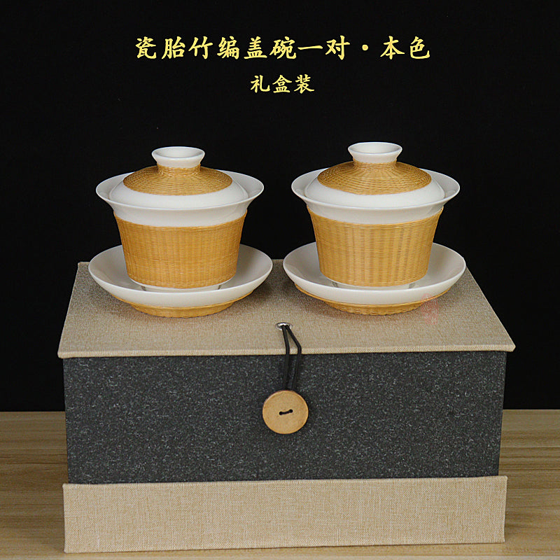 Intangible Cultural Heritage Porcelain Bamboo Tea Set – Handmade Sichuan Gifts, Sancai Gaiwan & Bamboo Silk Buckle Cups