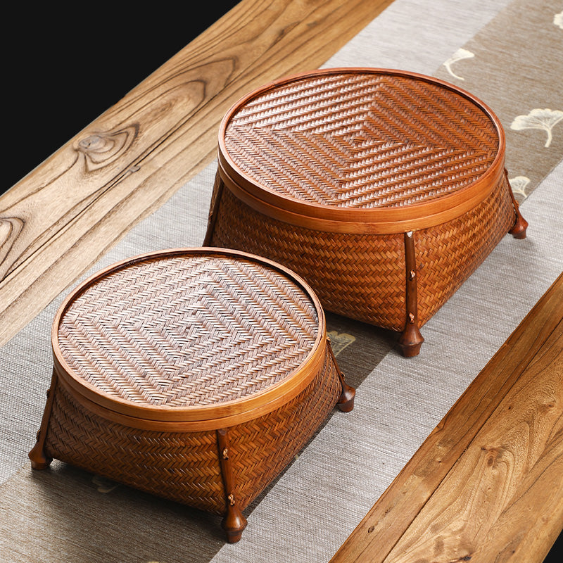 Handmade Bamboo Woven Lacquered Tea Set Storage Box – Chinese Storage Basket with Lid