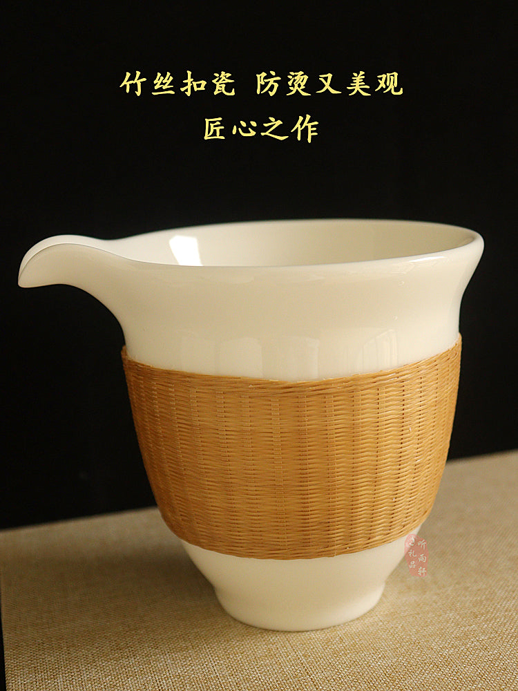 Intangible Cultural Heritage Porcelain Bamboo Tea Set – Handmade Sichuan Gifts, Sancai Gaiwan & Bamboo Silk Buckle Cups