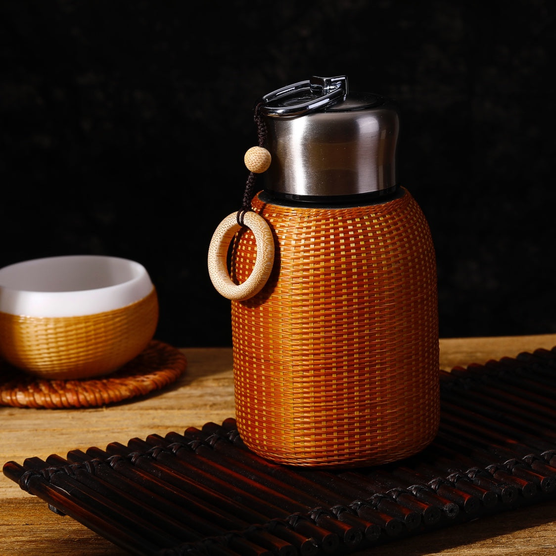 Bamboo Pavilion Handmade Bamboo Thermos Mug & Woven Teacup Set