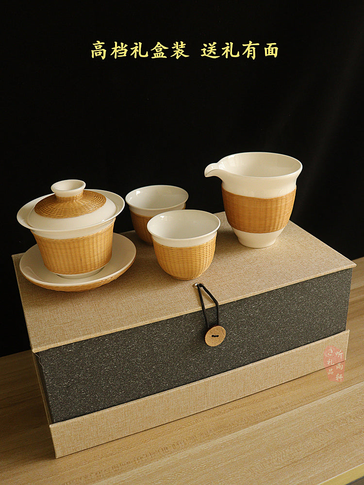 Intangible Cultural Heritage Porcelain Bamboo Tea Set – Handmade Sichuan Gifts, Sancai Gaiwan & Bamboo Silk Buckle Cups