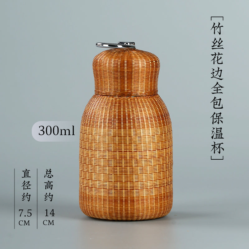 Handmade Bamboo Silk Woven Thermos Mug – Large-Capacity Bubble Tea Cup, Retro Stewed Teapot & Portable Hot Water Kettle