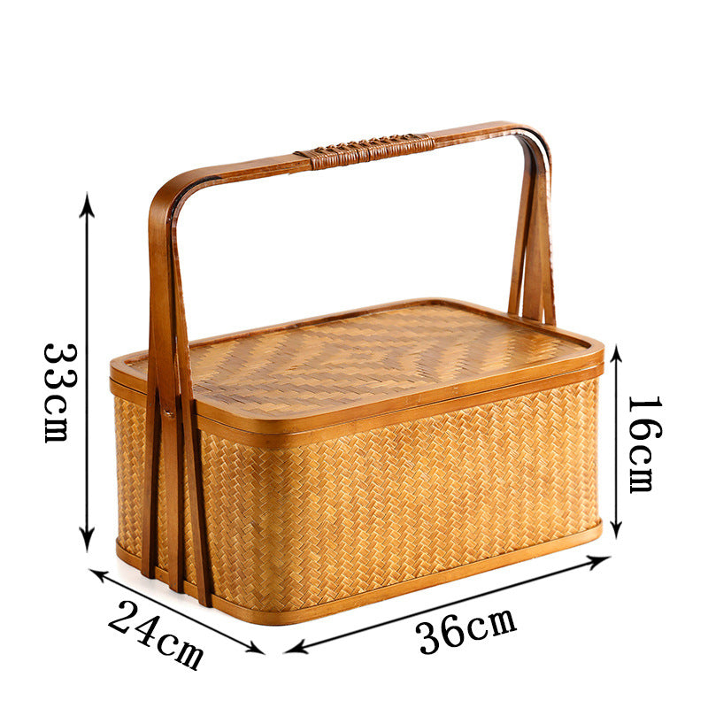 Handmade Bamboo Double-Layer Food Box – Retro Dim Sum & Tea Set Storage Basket with Lid