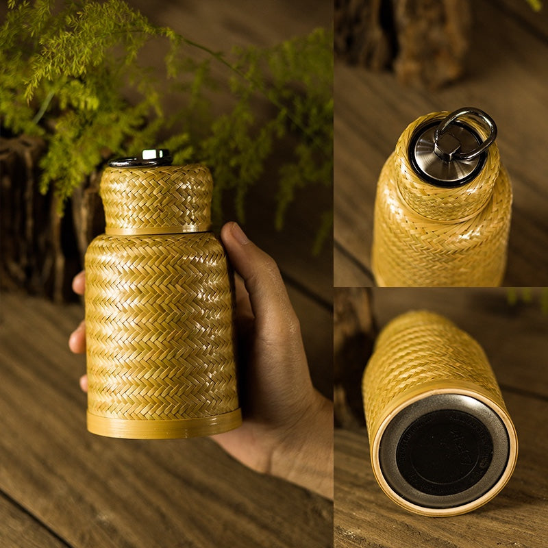 Bamboo Pavilion Handmade Bamboo Thermos Mug & Woven Teacup Set