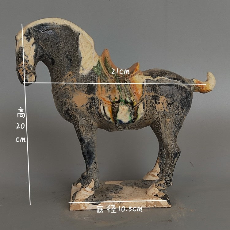 Tang Sancai Black Glaze War Horse Imitation Museum Unearthed Ancient Porcelain Antiques Antiques Immediately Get Rich Ornaments-