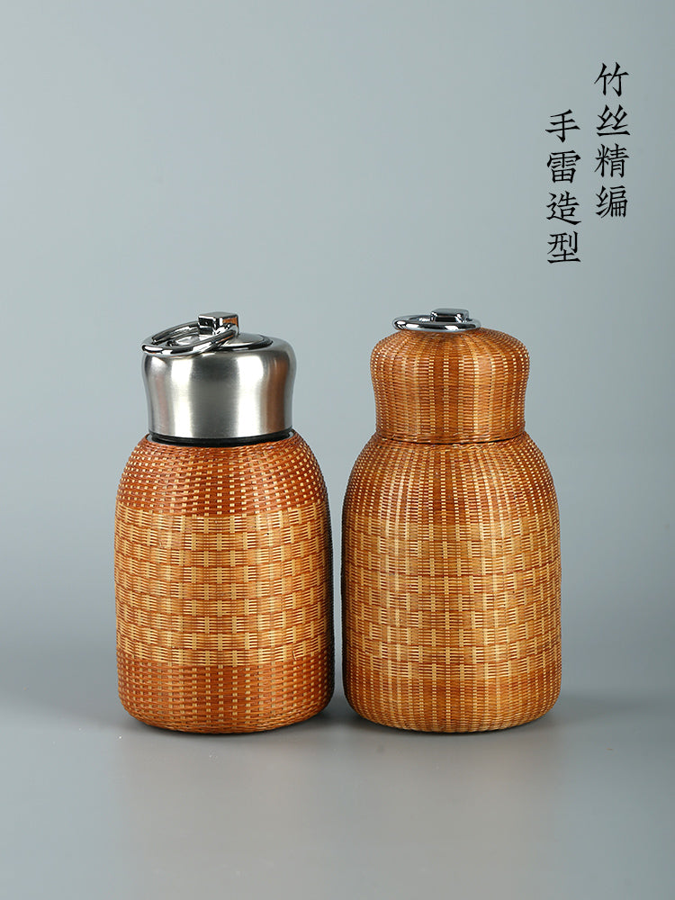 Handmade Bamboo Silk Woven Thermos Mug – Large-Capacity Bubble Tea Cup, Retro Stewed Teapot & Portable Hot Water Kettle