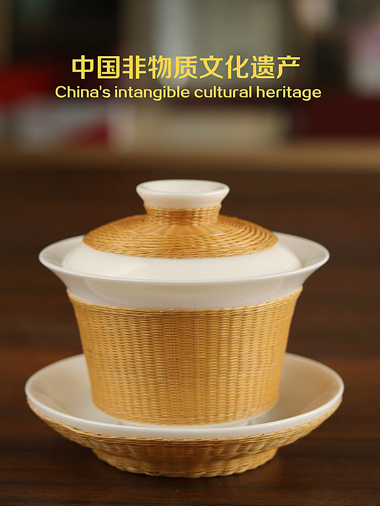 Intangible Cultural Heritage Porcelain Bamboo Tea Set – Handmade Sichuan Gifts, Sancai Gaiwan & Bamboo Silk Buckle Cups