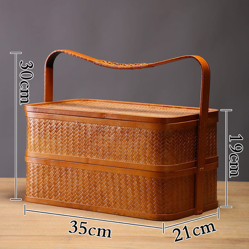 Handmade Bamboo Double-Layer Food Box – Retro Dim Sum & Tea Set Storage Basket with Lid