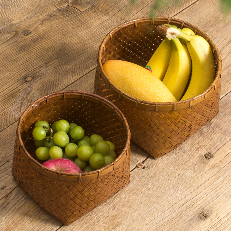 Handmade Bamboo Woven Round Storage Basket: Vintage Fruit, Coffee Table & Book Basket