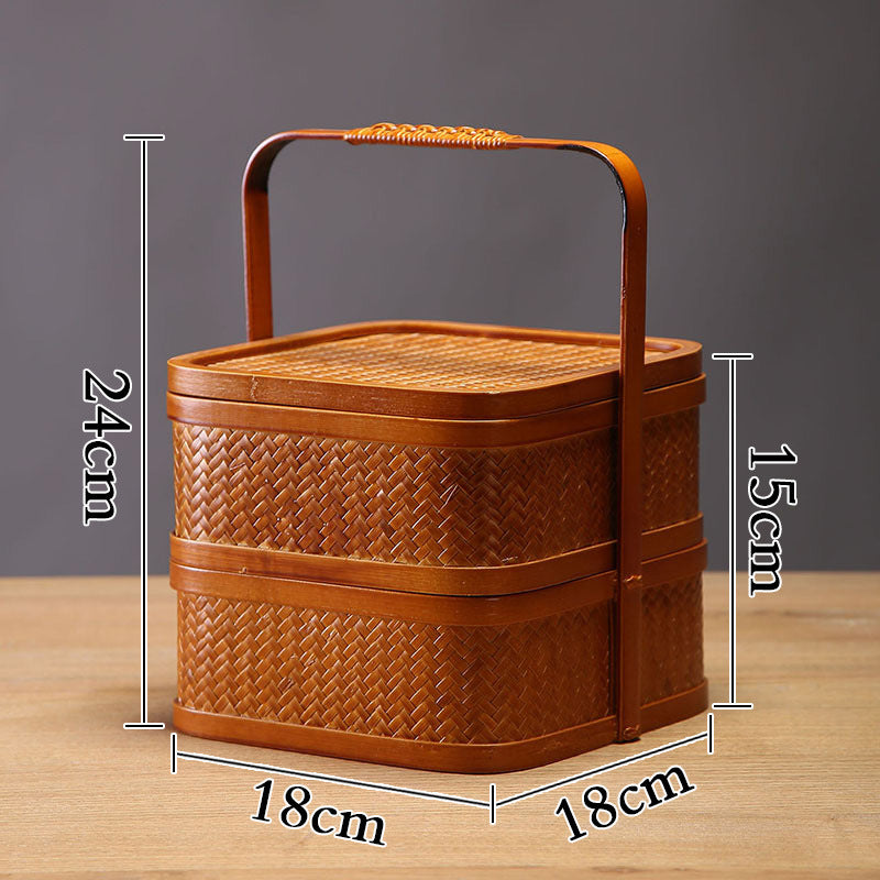 Handmade Bamboo Double-Layer Food Box – Retro Dim Sum & Tea Set Storage Basket with Lid