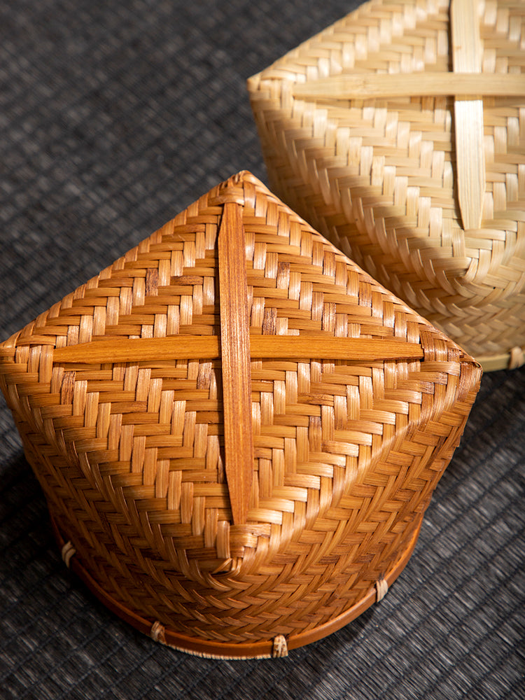 Handmade Bamboo Woven Small Basket – Square Bottom Round Mouth Snack & Storage Basket