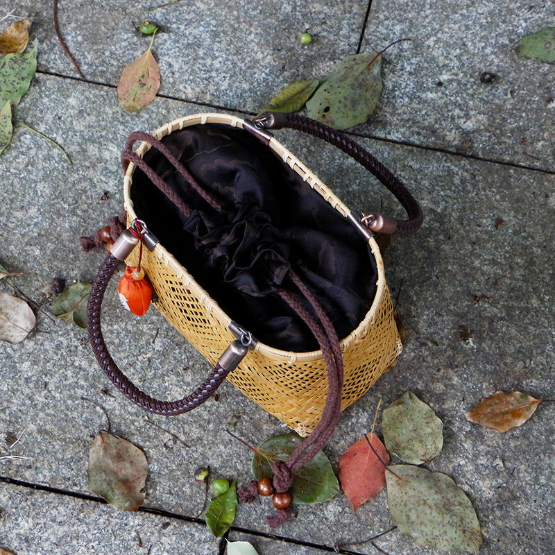 Intangible cultural heritage, handmade refined bamboo bags, hand-held bamboo bags, bamboo baskets, woven bags, new Chinese Zen bamboo bags, tea sets