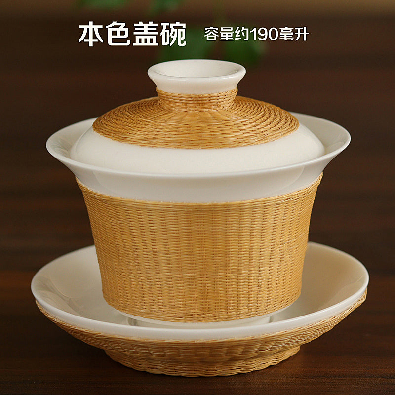 Intangible Cultural Heritage Porcelain Bamboo Tea Set – Handmade Sichuan Gifts, Sancai Gaiwan & Bamboo Silk Buckle Cups