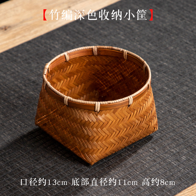 Handmade Bamboo Woven Small Basket – Square Bottom Round Mouth Snack & Storage Basket