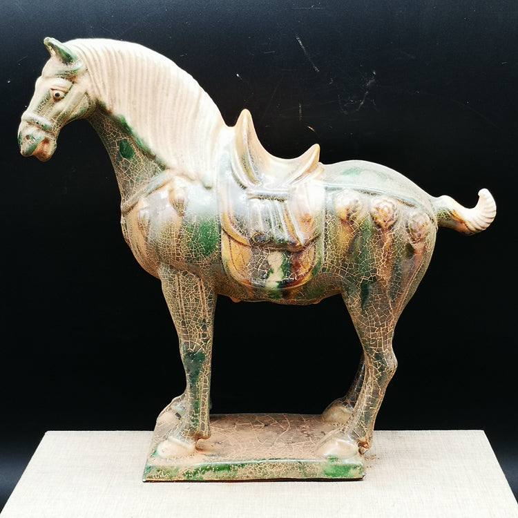 Tang Sancai green glaze war horse imitation museum unearthed porcelain, home fortune ornaments, old goods horse to successful ornaments